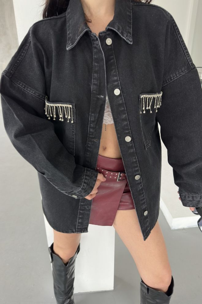 XLove Black Oversized Buttoned Shirt With Notched Neck Wholesale Clothing 1