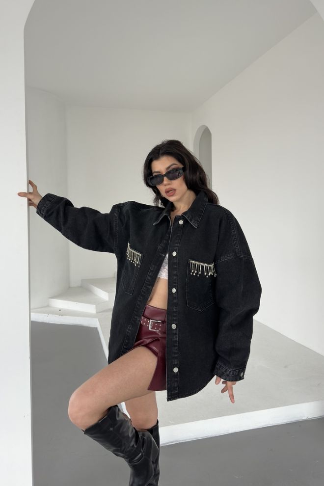 XLove Black Oversized Buttoned Shirt With Notched Neck Wholesale Clothing Work