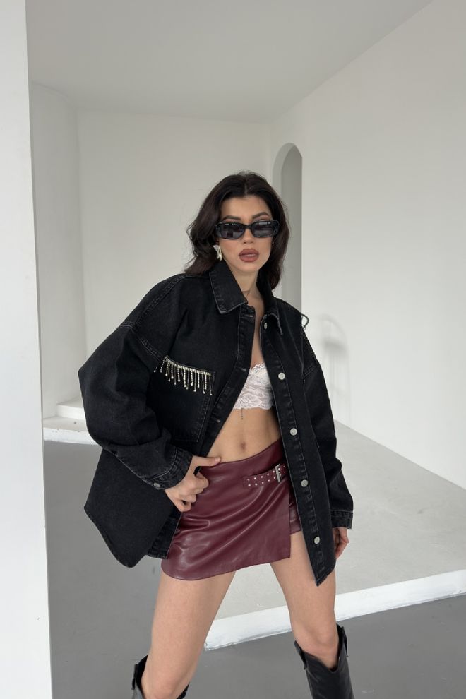 XLove Black Oversized Buttoned Shirt With Notched Neck Wholesale Clothing Sexy