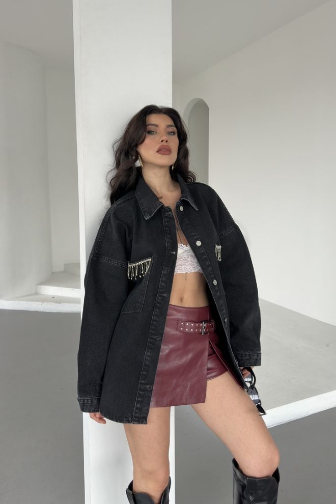 XLove Black Oversized Buttoned Shirt With Notched Neck Wholesale Clothing 5