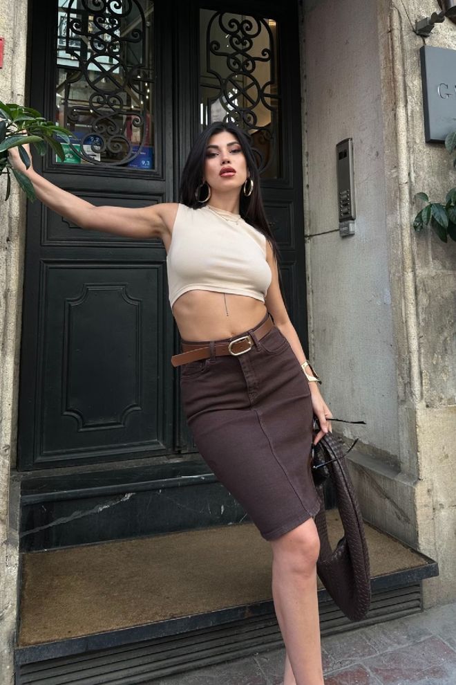 XLove Καφέ Midi Φούστα Μολύβι Με Κουμπιά Χονδρικό εμπόριο ενδυμάτων Σέξι