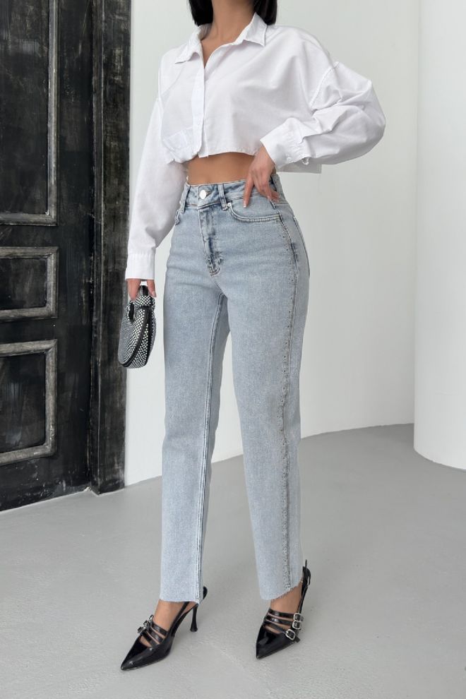 XLove Blaue Mom Jeans Mit Hoher Taille Und Geradem Bein Großhandelskleidung Lässig
