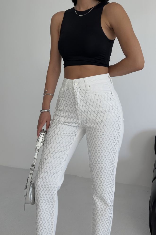 XLove جينز أبيض بنمط متقلب بخصر عالي وقصة سيجارة ملابس بالجملة جنسي