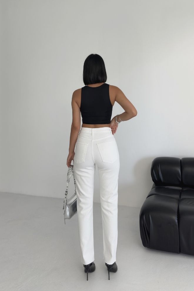 XLove جينز أبيض بنمط متقلب بخصر عالي وقصة سيجارة ملابس بالجملة ربيع