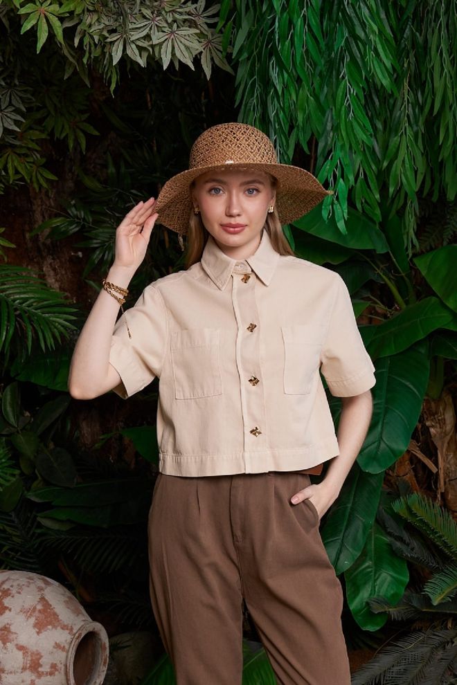 XLove Beige Casual Shirt With Notched Neck And Half Sleeves Wholesale Clothing Casual