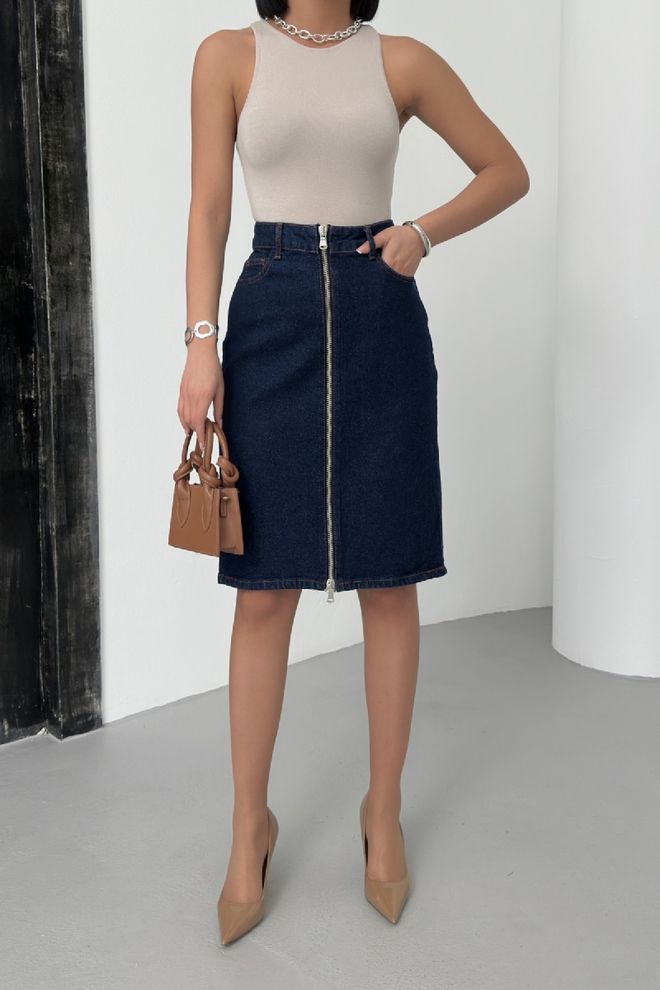 XLove Blauer Bleistiftrock Mit Hoher Taille Und Schrägen Taschen Großhandelskleidung Lässig