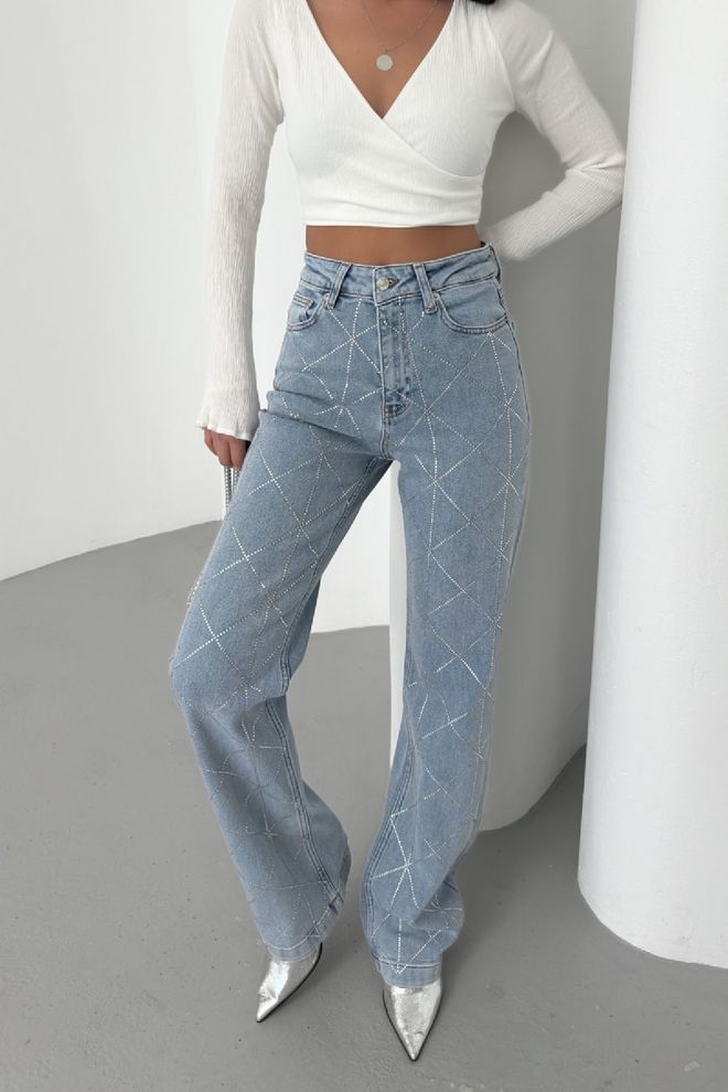 XLove Modré Kárované Rifle S Vysokým Pásom A Rozšírenými Nohavicami Bootcut Veľkoobchod s oblečením Neformálny