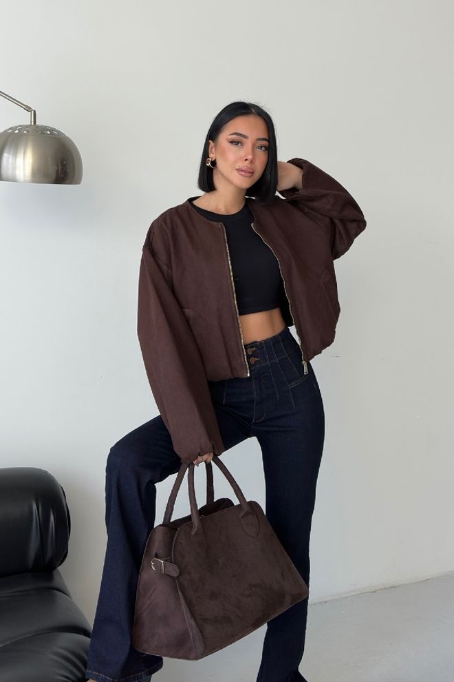 XLove Hnedá Bomber Bunda Voľného Strihu So Zipsom Na Jeseň Zimu Veľkoobchod s oblečením Skromný