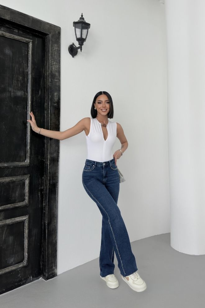 XLove Vaqueros Mom Azul Cintura Alta Pierna Ancha Abotonado Ropa al por mayor 1