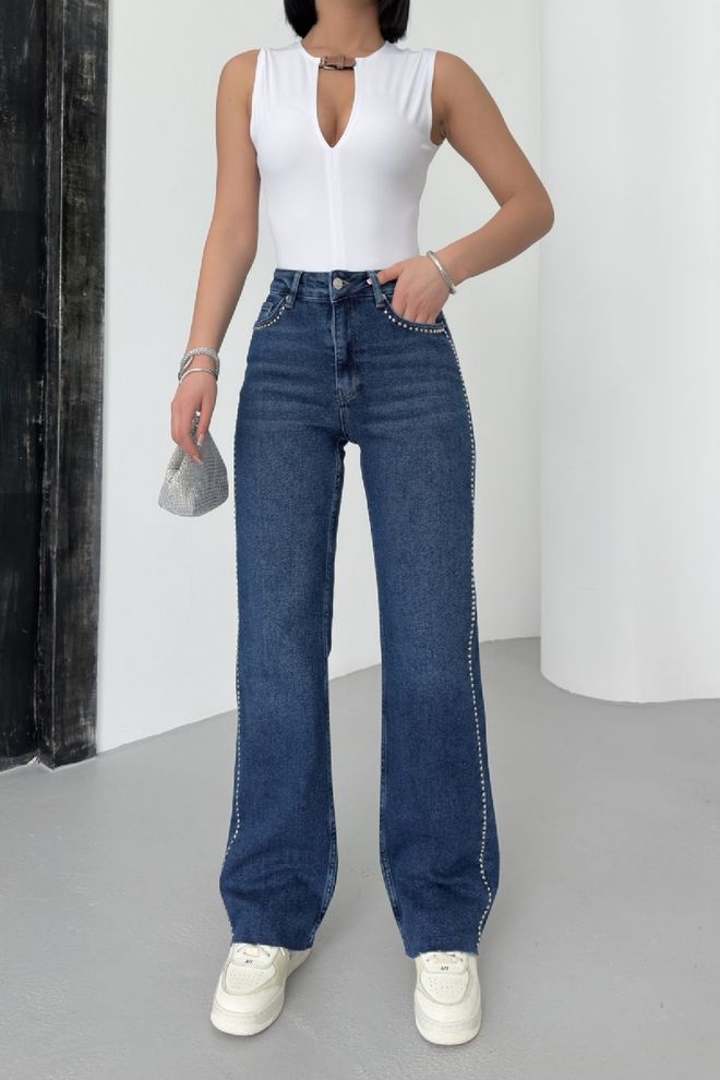 XLove Vaqueros Mom Azul Cintura Alta Pierna Ancha Abotonado Ropa al por mayor 5