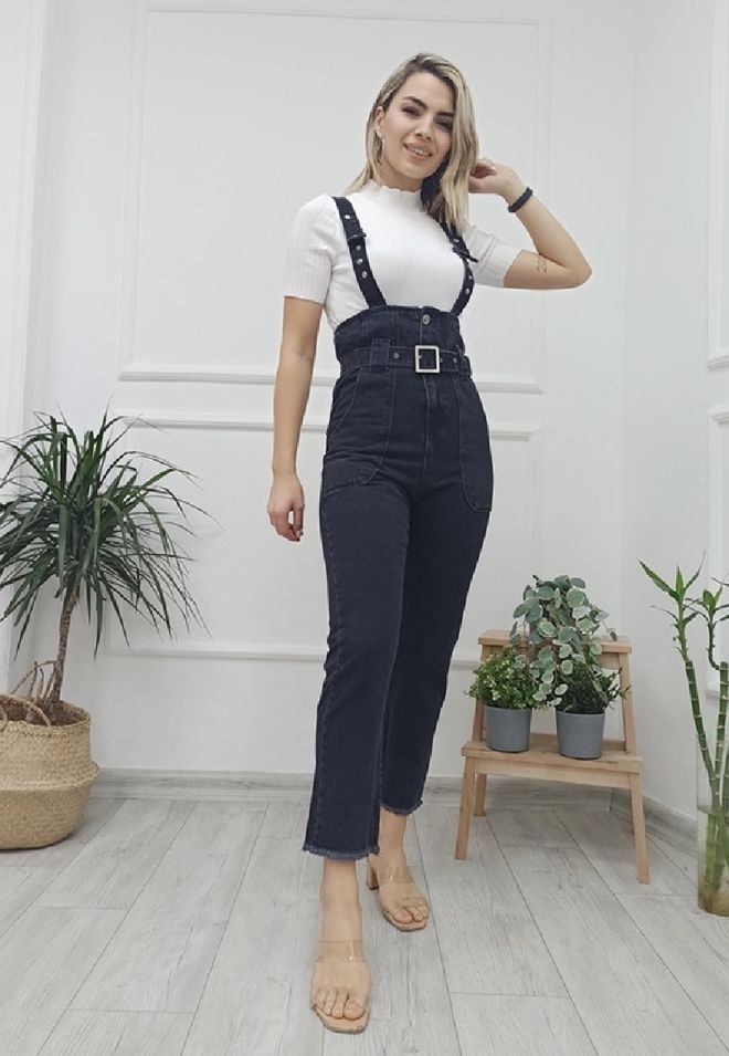 XLove Schwarzer Slim Fit Overall Jumpsuit Mit Knöpfen Und Aufgesetzten Taschen Großhandelskleidung Lässig