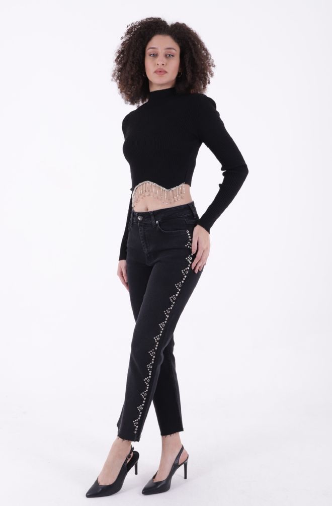 XLove Schwarze Mom Hose Mit Hoher Taille Gekürztem Geradem Bein Großhandelskleidung Lässig