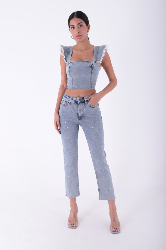 XLove بنطال أزرق من نوع موم بنمط النجوم مع إغلاق بأزرار ملابس بالجملة غير رسمي