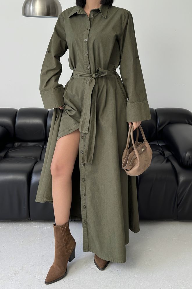 XLove Vestido Camisa Cáqui Casual Modesto Elegante Formal Roupas por atacado Primavera