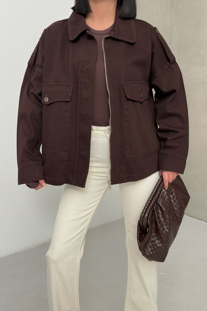 XLove Brown Oversized Fit Casual Shacket Jacket Wholesale Clothing Spring