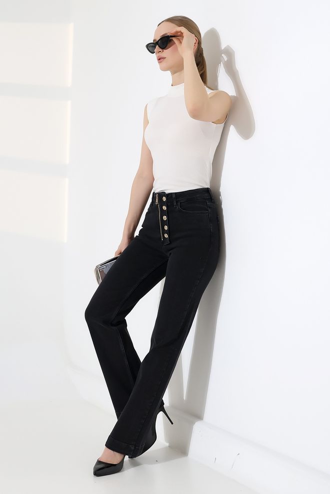 XLove Siyah Zarif Mom Pantolon Yüksek Bel Toptan Giyim Nostaljik