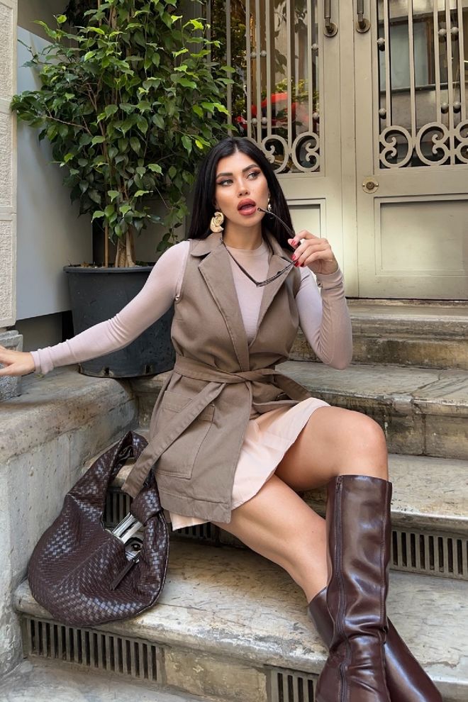 XLove Длинный Бежевый Жилет С Завязками Оптовая продажа одежды 5