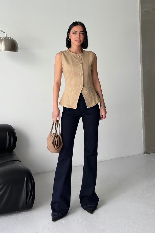 XLove Jean Bleu Marine Taille Haute Évasé Bootcut Vêtements en gros Décontracté