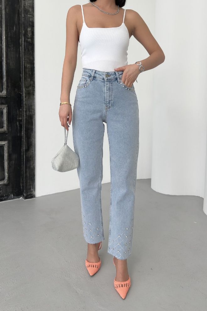 XLove Jeans Mom Blu Vita Alta Taglio Corto Gamba Dritta Abbigliamento all'ingrosso Casuale