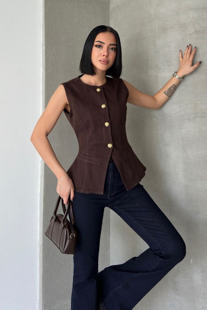 XLove Smeđi Elegantan Uži Kroj Gumb Prsluk Veleprodaja odjeće Proljeće