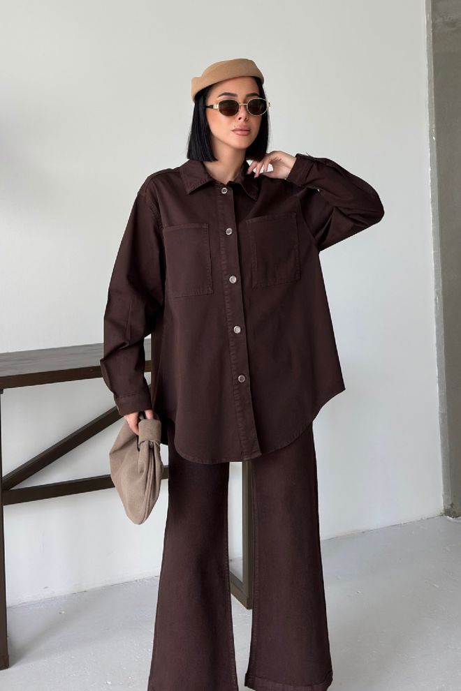 XLove Коричневая Повседневная Рубашка На Пуговицах С Зубчатым Вырезом Оптовая продажа одежды Скромный