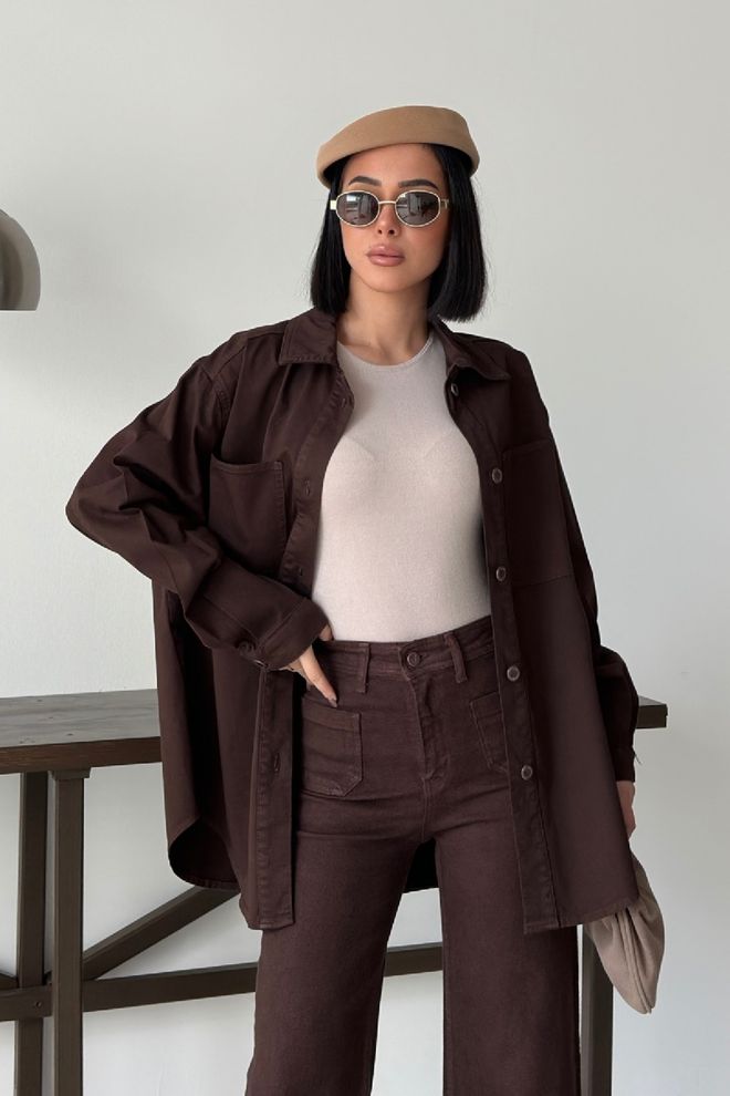 XLove Camisa Marrón Casual Abotonada Con Cuello Entallado Ropa al por mayor Primavera