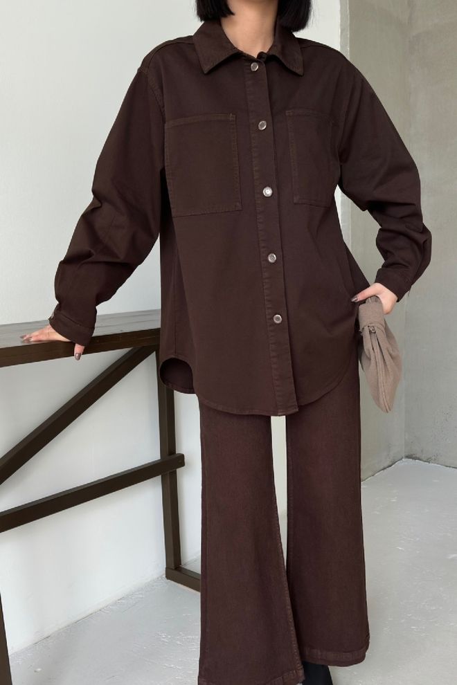 XLove Camisa Marrón Casual Abotonada Con Cuello Entallado Ropa al por mayor Casual