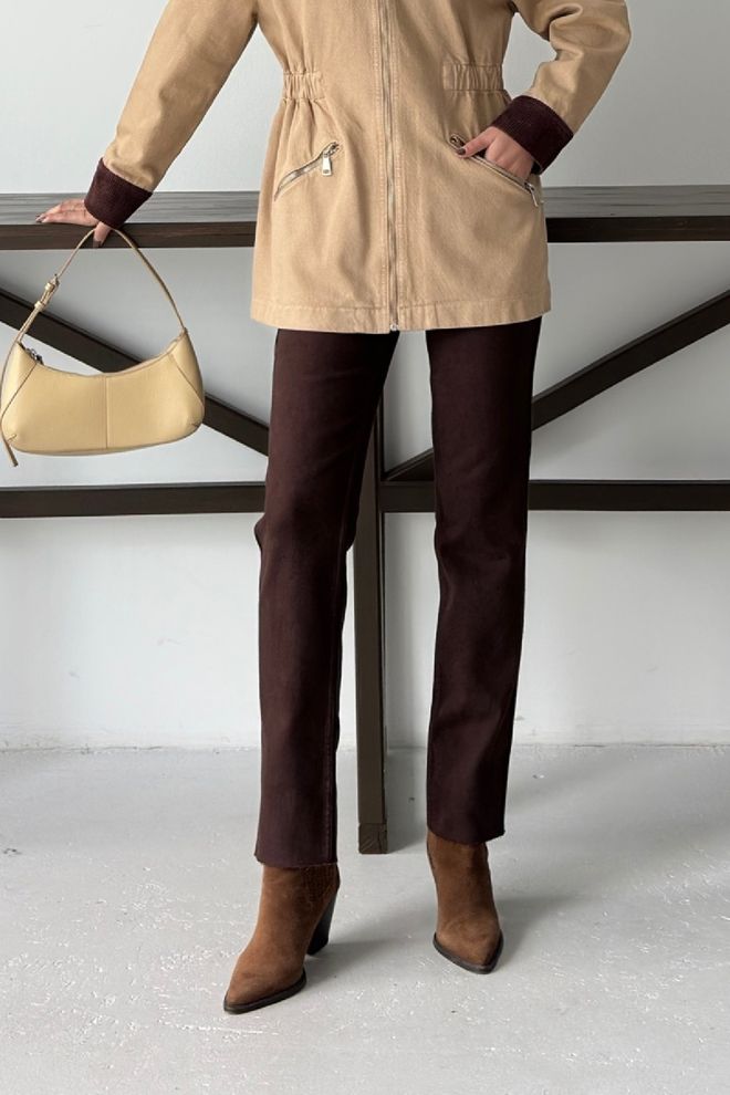 XLove Kahverengi Yüksek Bel Mom Kot Pantolon Düz Paça Toptan Giyim Sokak Tarzı