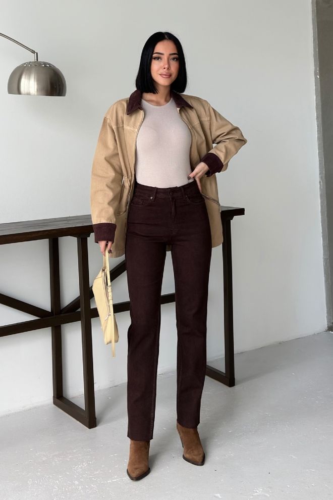 XLove Kahverengi Yüksek Bel Mom Kot Pantolon Düz Paça Toptan Giyim Bahar