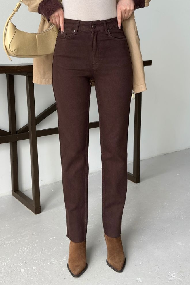 XLove Kahverengi Yüksek Bel Mom Kot Pantolon Düz Paça Toptan Giyim Ev Hali