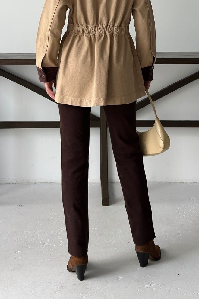 XLove Kahverengi Yüksek Bel Mom Kot Pantolon Düz Paça Toptan Giyim 5