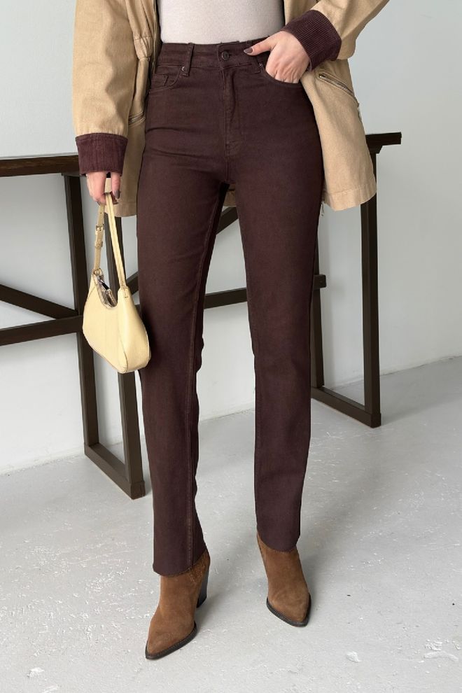 XLove Kahverengi Yüksek Bel Mom Kot Pantolon Düz Paça Toptan Giyim 1