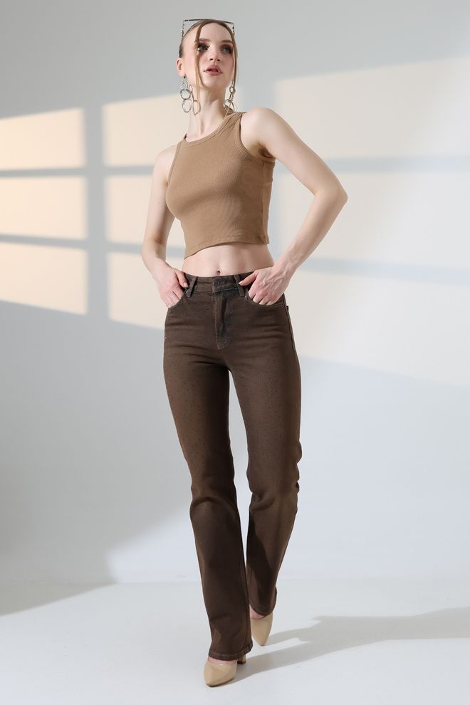 XLove Brown Mom Pants High Waist Polka Dot Buttoned Wholesale Clothing Spring