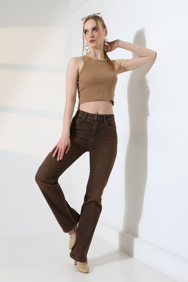 XLove Brown Mom Pants High Waist Polka Dot Buttoned Wholesale Clothing Work