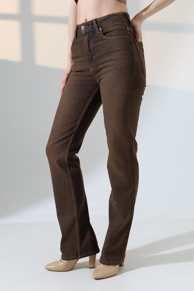 XLove Brązowe Spodnie Mom Z Wysokim Stanem I Kropkami Zapięcie Na Guziki Hurtowa sprzedaż odzieży Casual