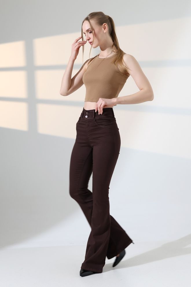 XLove Brown High Waist Bootcut Flare Leg Pants Wholesale Clothing 1
