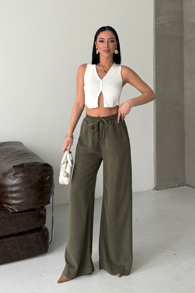 XLove Zielone Spodnie Palazzo Z Szeroką Nogawką I Sznurkiem Hurtowa sprzedaż odzieży Casual