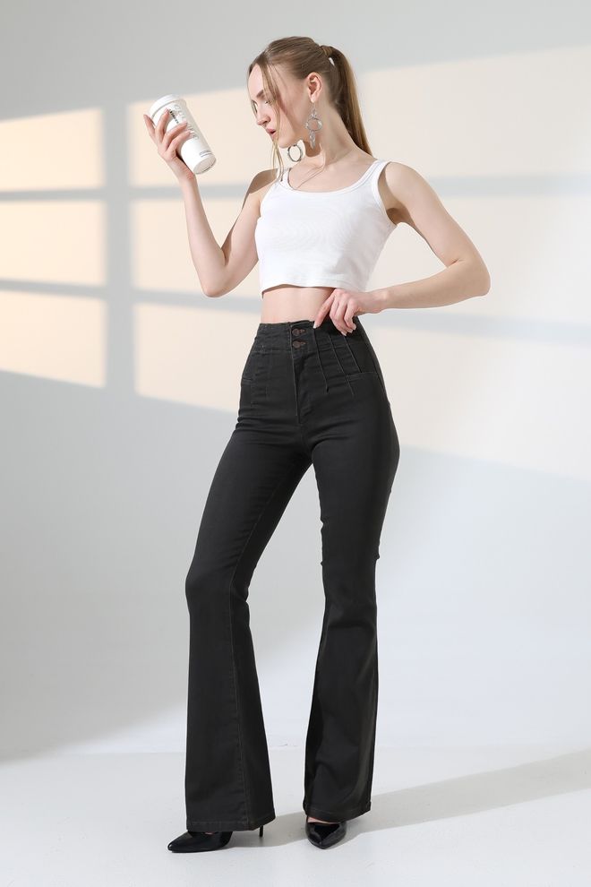 XLove Czarne Eleganckie Spodnie Bootcut Z Wysokim Stanem Hurtowa sprzedaż odzieży Casual