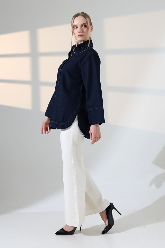 XLove Navy Blue Polo Neck Casual Elegant Shirt Wholesale Clothing Lounge