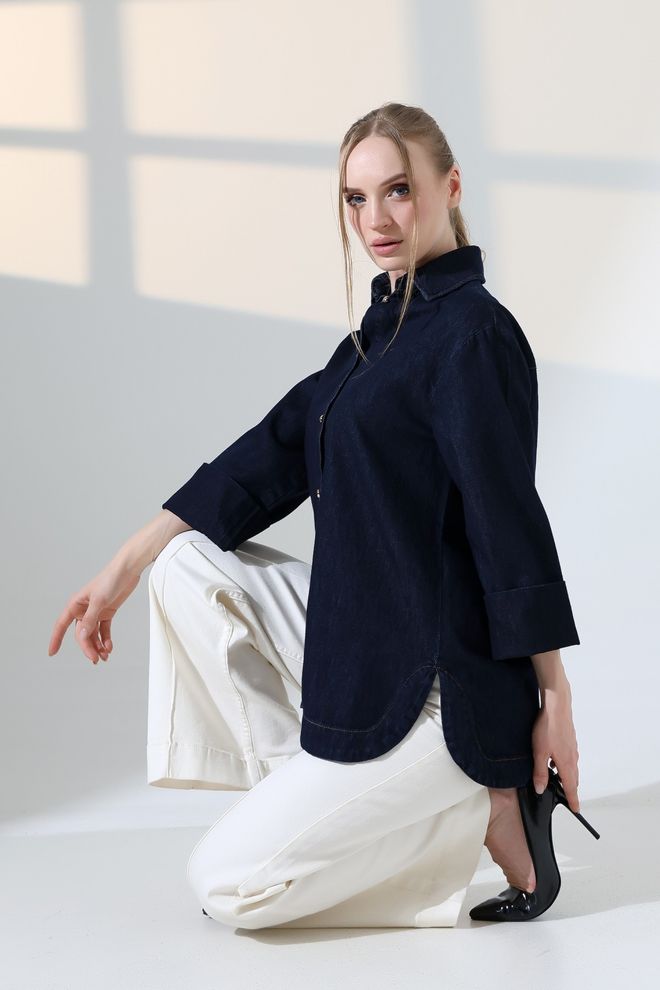 XLove Navy Blue Polo Neck Casual Elegant Shirt Wholesale Clothing 5