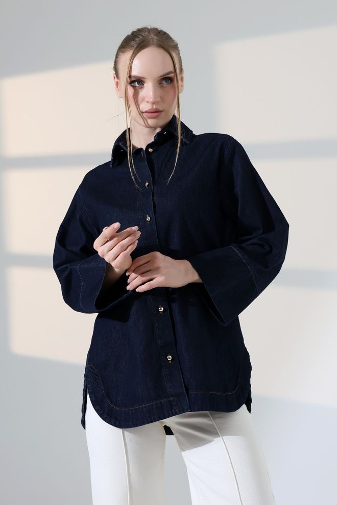 XLove Navy Blue Polo Neck Casual Elegant Shirt Wholesale Clothing 1