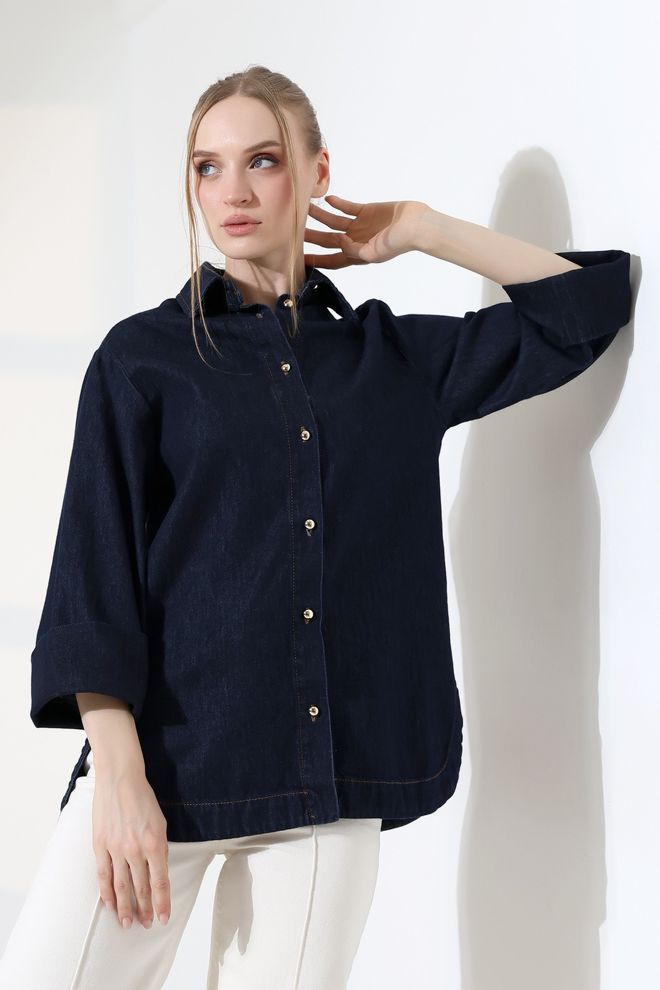 XLove Navy Blue Polo Neck Casual Elegant Shirt Wholesale Clothing Casual