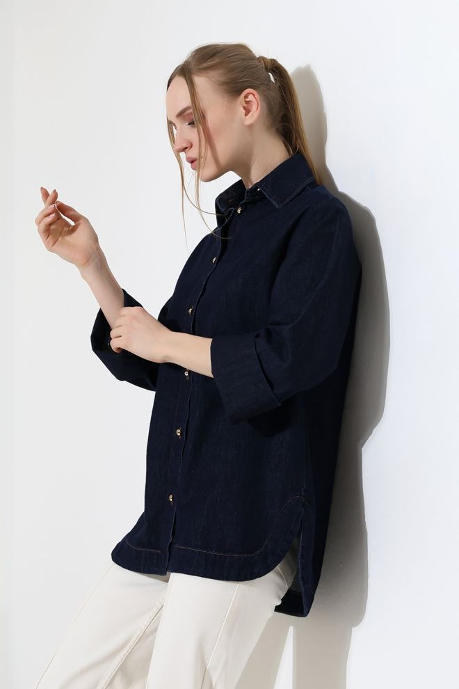 XLove Navy Blue Polo Neck Casual Elegant Shirt Wholesale Clothing Formal