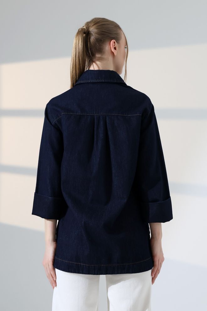 XLove Navy Blue Polo Neck Casual Elegant Shirt Wholesale Clothing Spring