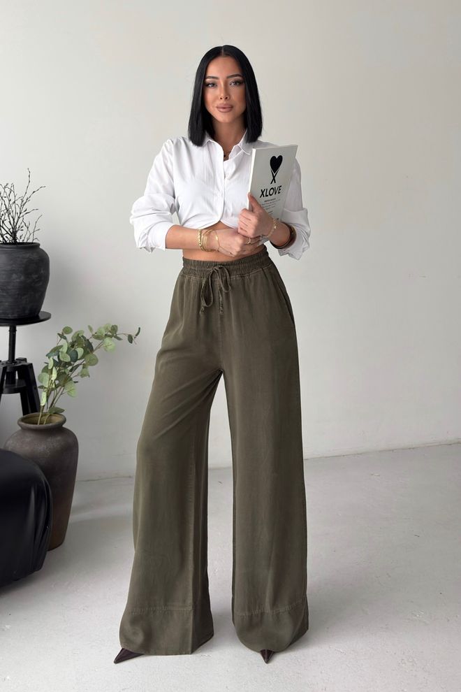 XLove Green Palazzo Pants With High Waist And Wide Legs Wholesale Clothing Casual