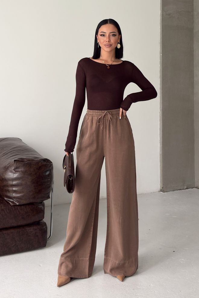 XLove Brown Palazzo Pants With Wide Leg And Drawstring Wholesale Clothing Elegant