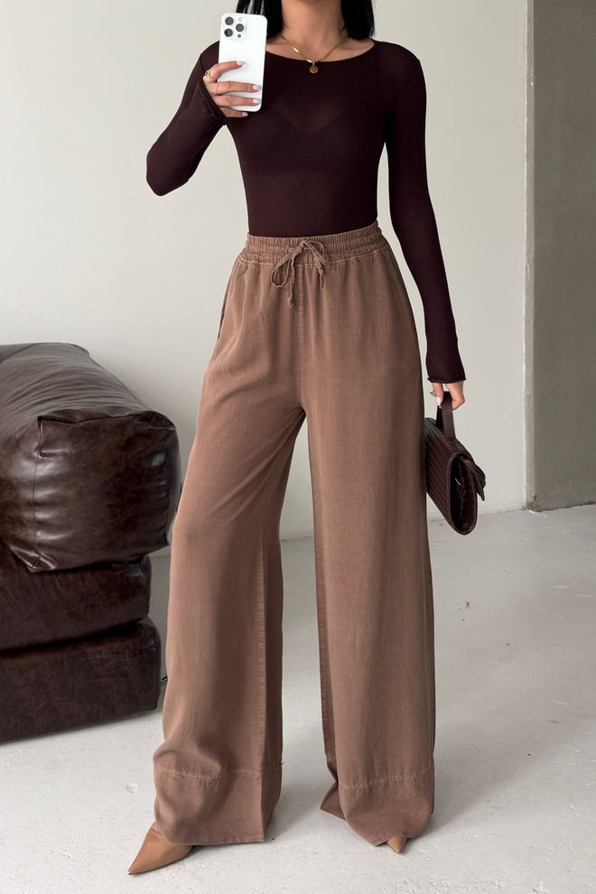 XLove Brown Palazzo Pants With Wide Leg And Drawstring Wholesale Clothing 1