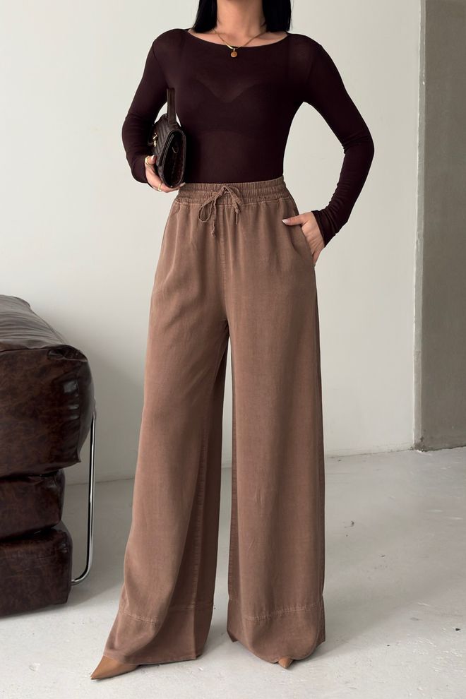 XLove Brown Palazzo Pants With Wide Leg And Drawstring Wholesale Clothing 5