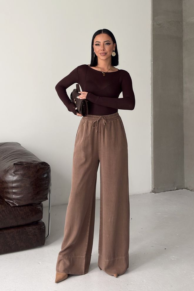 XLove Brown Palazzo Pants With Wide Leg And Drawstring Wholesale Clothing Casual