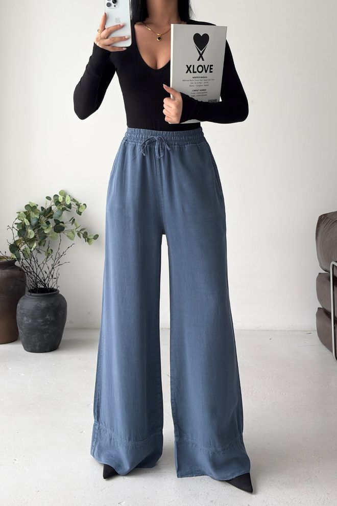 XLove Blue Palazzo Pants With Wide Leg And Drawstring Waist Wholesale Clothing 5